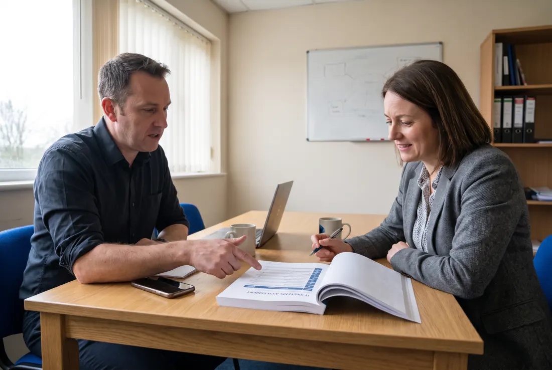Illustration: a consultant and a business owner reviewing a printed IT systems assessment across a table.