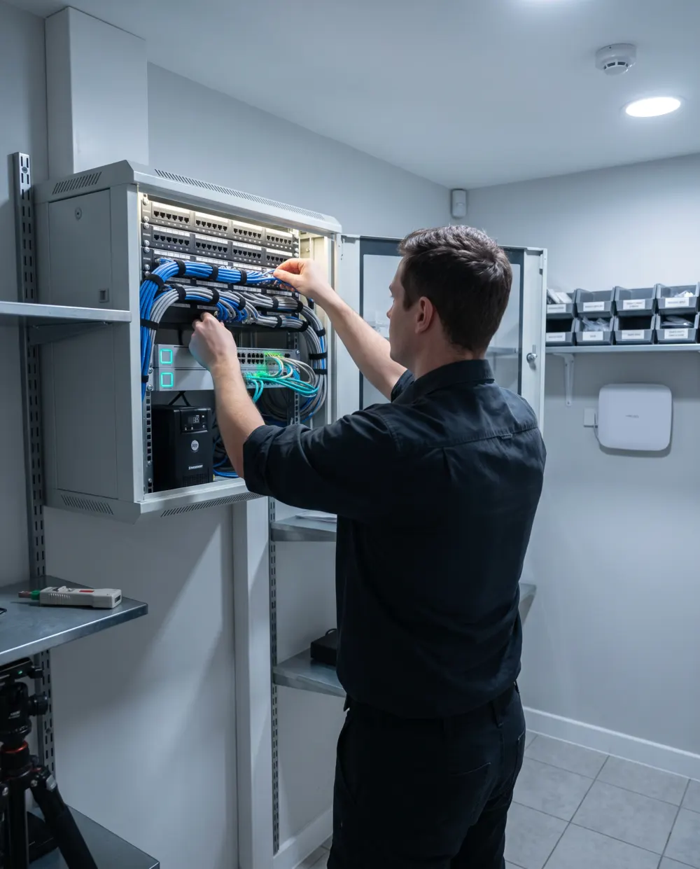 Illustration: a technician dressing cabling into a patch panel in a practice equipment room.