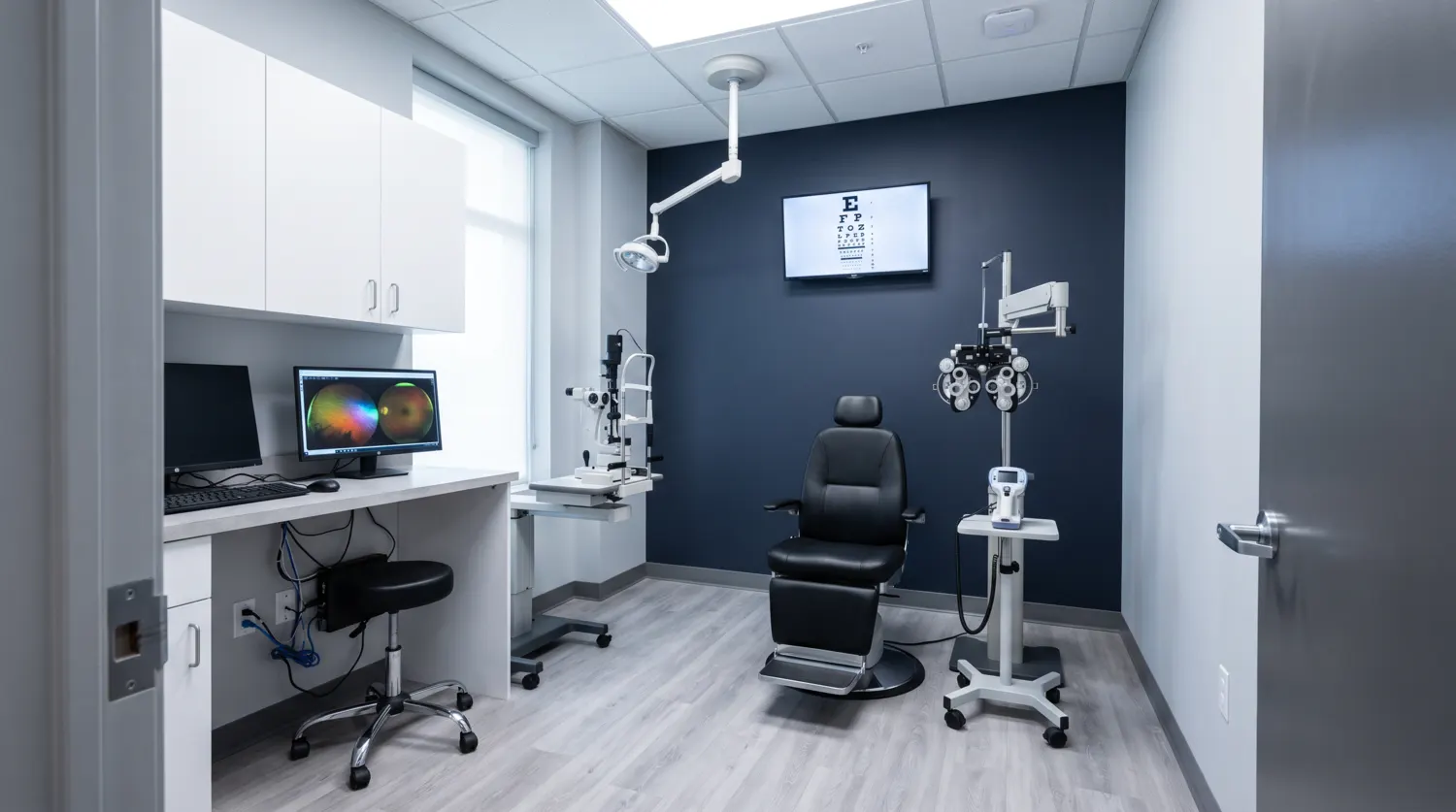 Illustration: an optometry exam lane — chair, phoropter, slit lamp, wall-mounted acuity chart and a networked workstation.