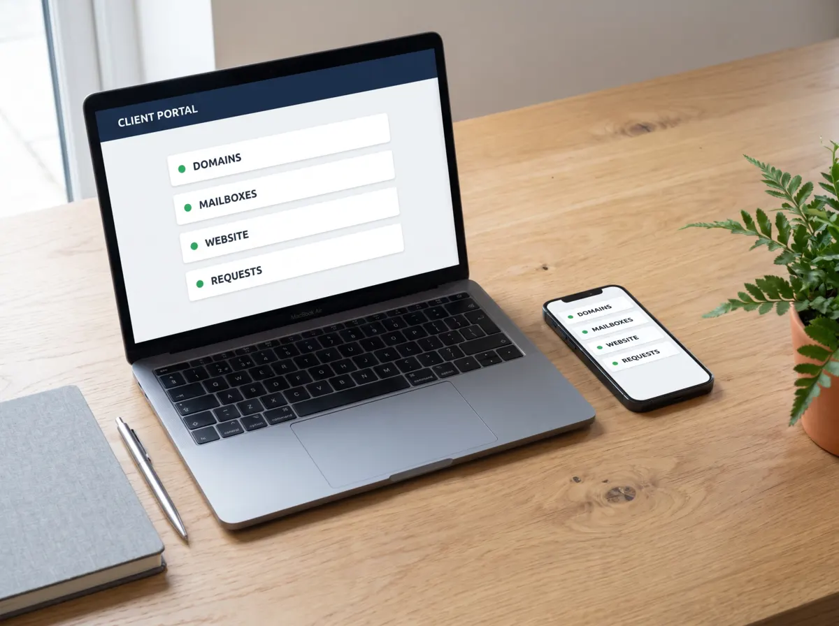 Illustration: a laptop and phone on a desk showing a simplified client-portal layout with domains, mailboxes, website and requests.